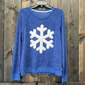 Snowflake Sweater Top S Blue Soft Smooth Stretch Long Sleeves Cozy Boutique NWOT